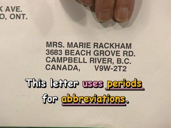 MRS MARIE RACKHAM, 3683 BEACH GROVE RD., CAMPBELL RIVER, B.C. CANADA V9W-2T2: This letter uses periods for abbreviations.