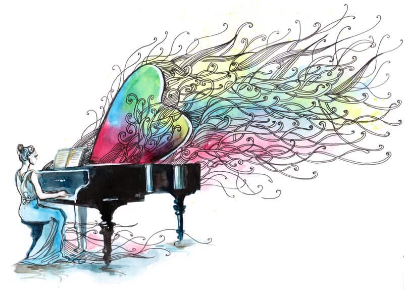 Marie makes a rainbow of colors dance from the keys of her piano.