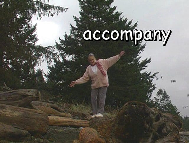 the word "accompany" with Marie balancing on a log
