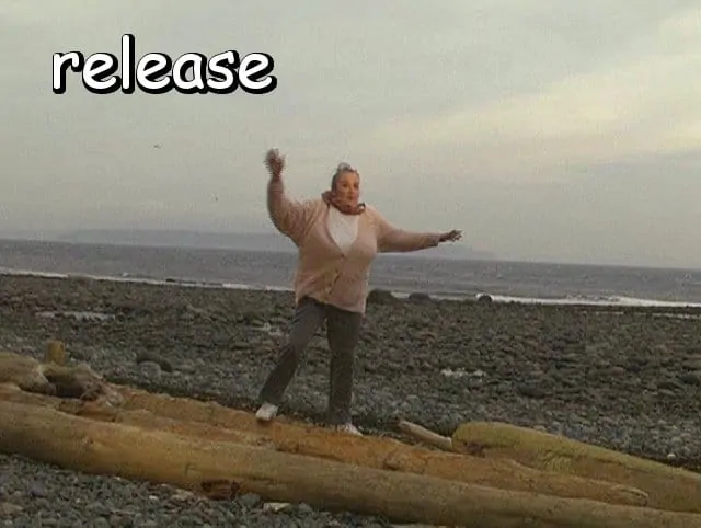 the word "release" with Marie balanced on a driftwood log in the wind