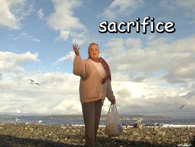 the word "sacrifice" with Marie and her bag of bread for the seagulls