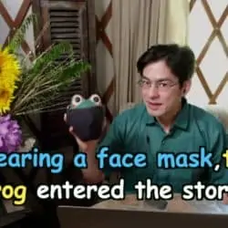 Wearing a face mask, the frog entered the store.