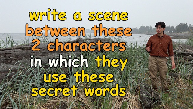 write a scene between these 2 characters in which they use these secret words