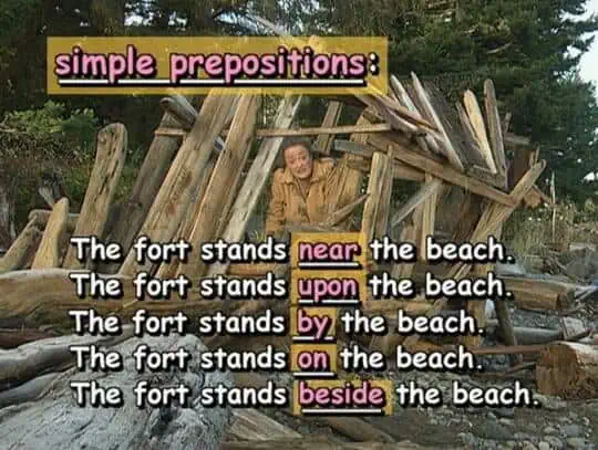 simple prepositions: The fort stands near the beach. The fort stands upon the beach. The fort stands by the beach. The fort stands on the beach. The fort stands beside the beach.