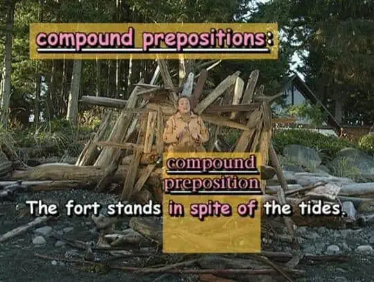 compound prepositions: The fort stands in spite of the tides.