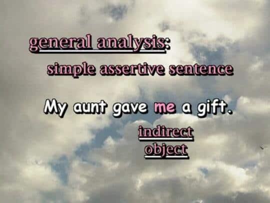 general analysis: simple assertive sentence My aunt gave me a gift.