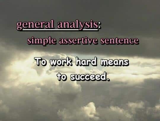 general analysis: simple assertive sentence To work hard means to succeed.